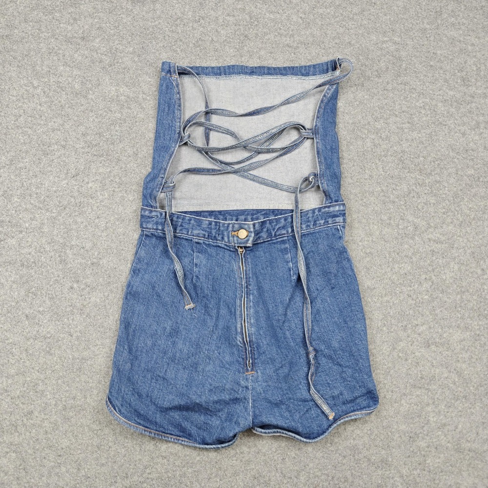 Stoned Immaculate Romper Womens Medium Blue Denim Strapless Lace Up Zip Shorts